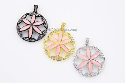 Pink Enamel Flower Pendant, CZ Micro Pave Round Disc MultiColor Pink/Black/Silver/Gold Large Charm Pendants - 33 x 42 mm