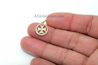Tiny Opal Cross Charm, CZ Micro Paved Maltese Cross Round Disc Fireman Charm in Cubic Zirconia 
