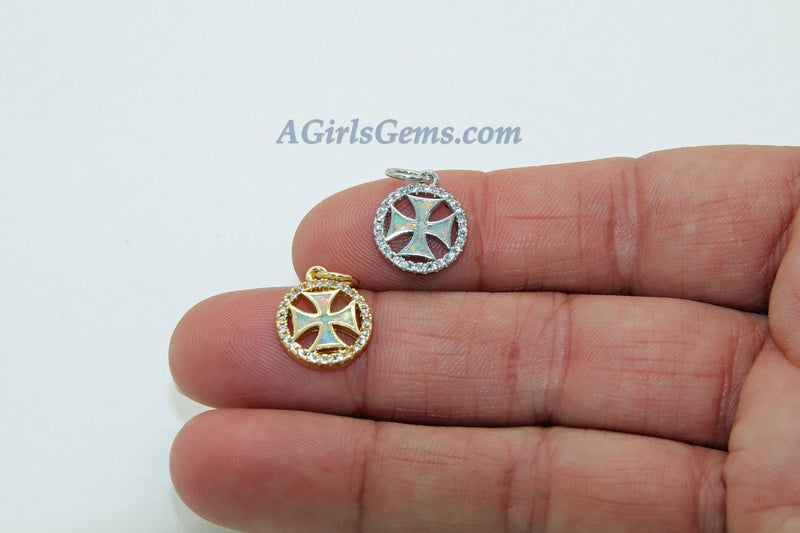 Tiny Opal Maltese Cross Charms, CZ Micro Silver Cross Opalite