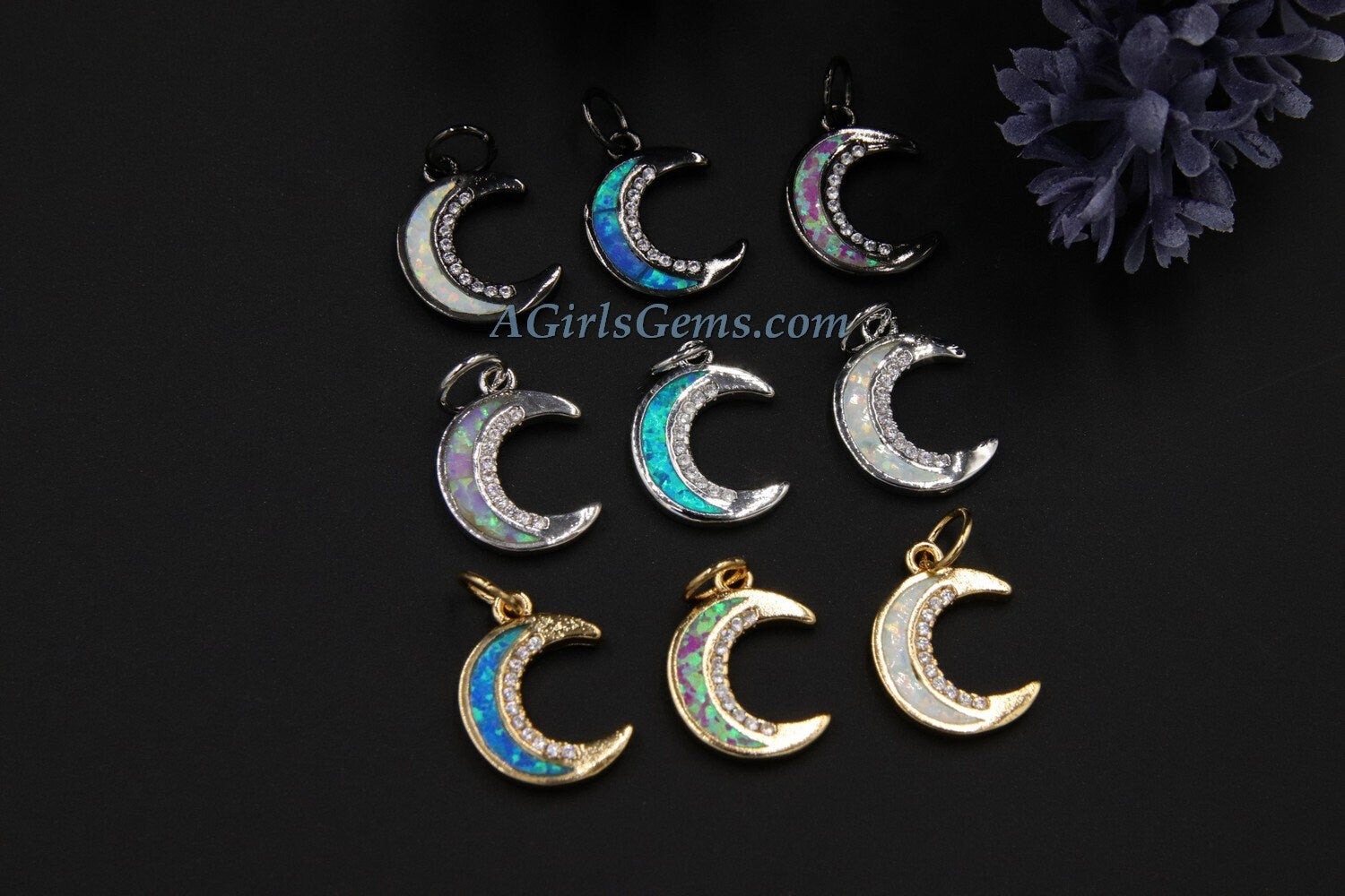 Crescent Moon Charm, CZ Pave Opal Moon with Cubic Zirconia, Gold Lunar Moon