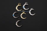 Opal Crescent Moon Charms, CZ Pave Gold White Moon, AG 209