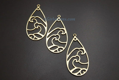 Teardrop Charm, Large Oval Wavy Charm, Brushed Gold Beach Pendants, DIY Earring Parts Jewelry Making