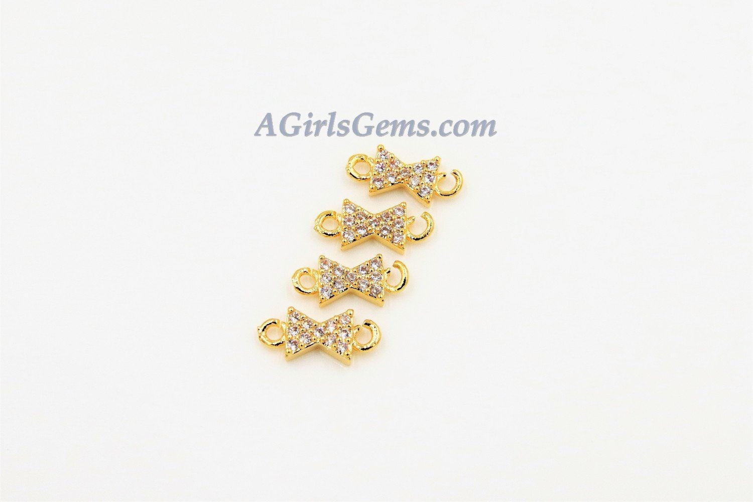 CZ Micro Pave Bow Tie Connector #26, Tiny Hourglass Charm 18 k Gold Plated 4 x 10 mm Ribbon Connector, Tiny CZ Charms for Jewelry Making
