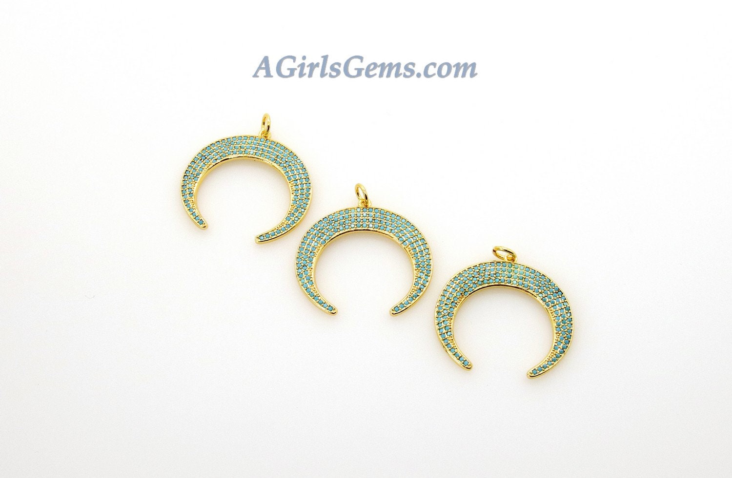 Turquoise Horn Pendant, Large CZ Micro Pave Crescent Moon, 18 K Gold Plated Blue Southwest Necklace Charm