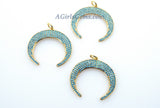 Turquoise Horn Pendant, Large CZ Micro Pave Crescent Moon, 18 K Gold Plated Blue Southwest Necklace Charm