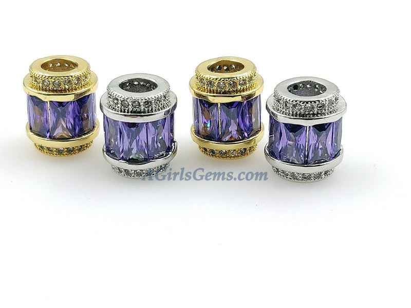 Purple Crystal Beads, CZ Micro Pave Gold Tube Beads, Large Hole Beads 10 x 12 mm 18 K Gold Plated, Elegant Fancy Cubic Zirconia Barrel Beads - A Girls Gems