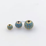 CZ Pave Turquoise Pave Round Balls, Blue Stone Gold Beads #465, Blue Cubic Zirconia Crystal Focal Silver Beads