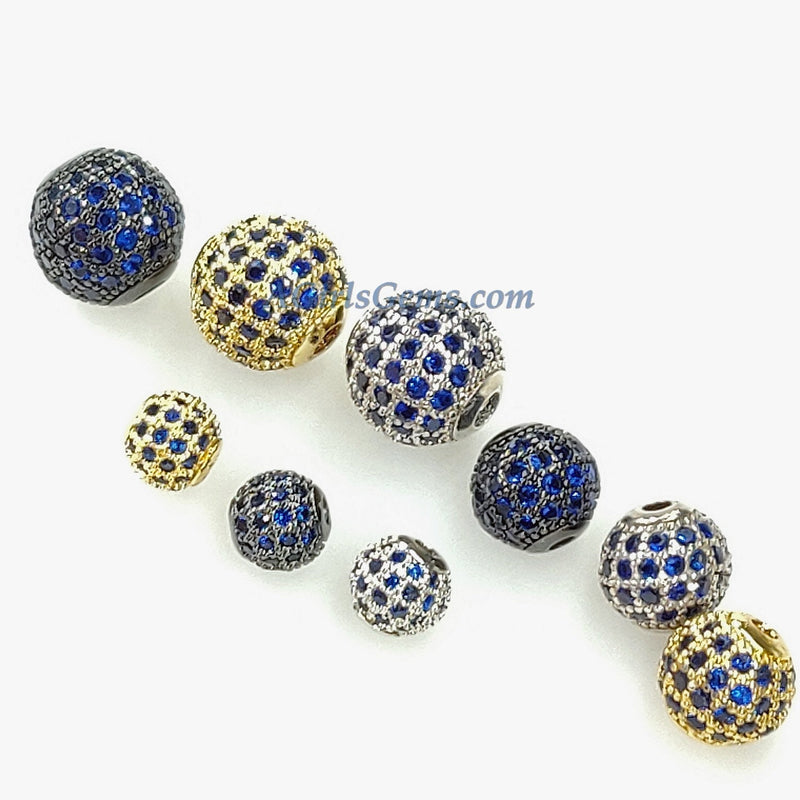 CZ Micro Pave Round Beads, 2 Pcs  6 mm/8 mm/10 Gold or Black Plated, Diamond Sapphire London Blue Color Focal, High Quality Crystal Balls