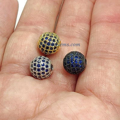 CZ Micro Pave Round Beads, 2 Pcs  6 mm/8 mm/10 Gold or Black Plated, Diamond Sapphire London Blue Color Focal, High Quality Crystal Balls