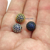 CZ Micro Pave Round Beads, 2 Pcs 6 mm/8 mm/10 Gold or Black Plated, Diamond Sapphire London Blue Color Focal