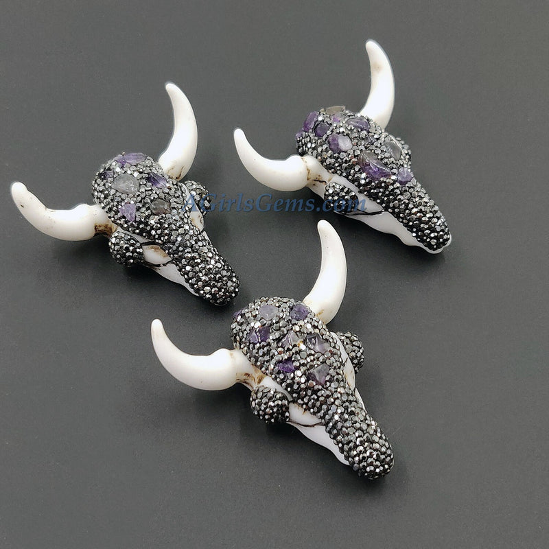Natural Amethyst CZ Micro Pave Bone Cow Skull Pendant, Boho Longhorn Cattle - A Girls Gems