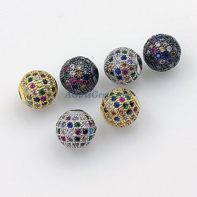 CZ Micro Pave Rainbow Balls, 2 Pcs 6 mm Gold Multi Colored Round Beads, 10 mm Black Silver Focal Bead, 8 mm LGBT Pride Jewelry