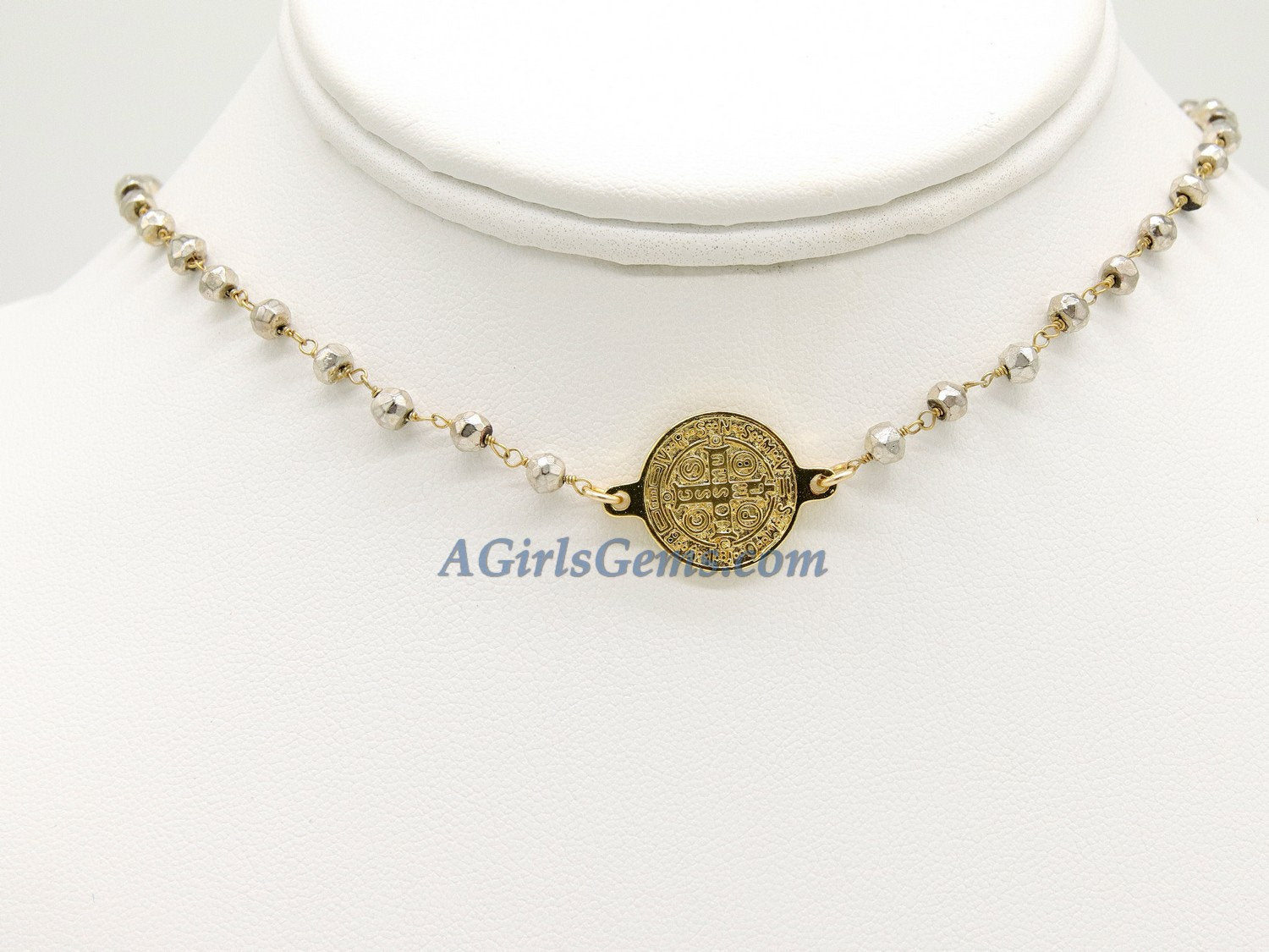 Medallion Necklace, Silver/22 K Gold plated Natural Pyrite Rosary Medal Disc Cross, St Benedict Medal Rosary Choker - A Girls Gems