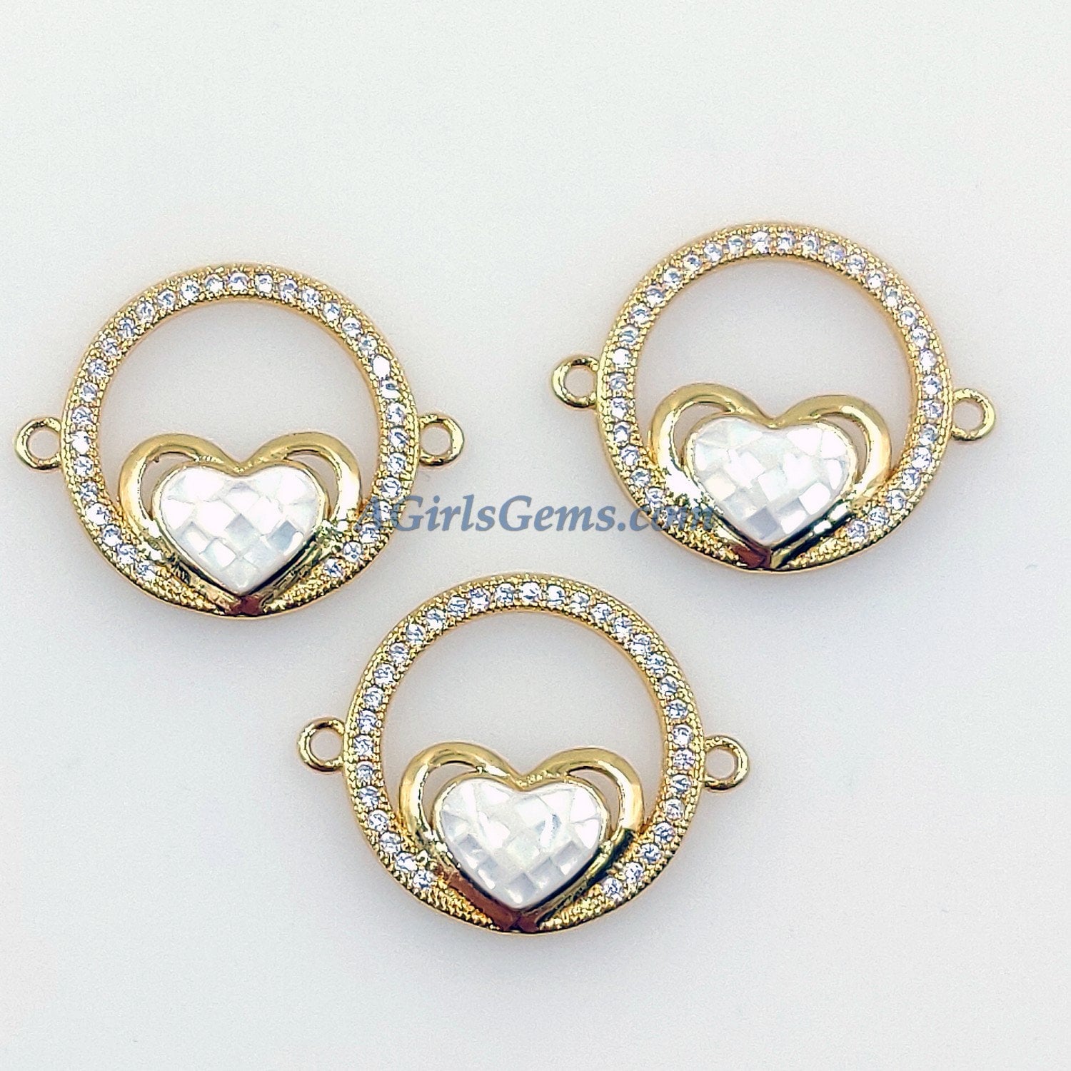 CZ Micro Pave Heart Connectors, Round White Shell Love Charm Beads, 18 K Gold Plated Sacred Charms Link for Bracelets/Rosary Necklaces