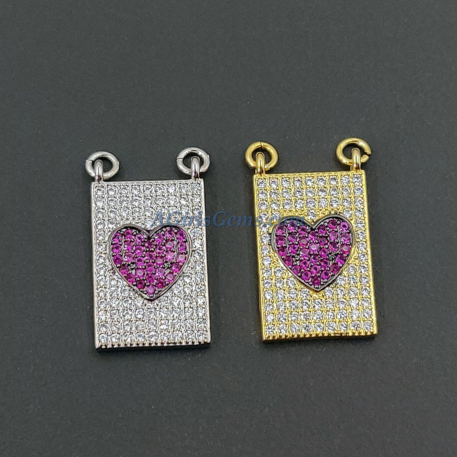 CZ Micro Pave Blue Turquoise Heart Charms, Pink Scapular Hearts in Silver, Gold Rectangle 2 loop Pendants, Choker Love Jewelry