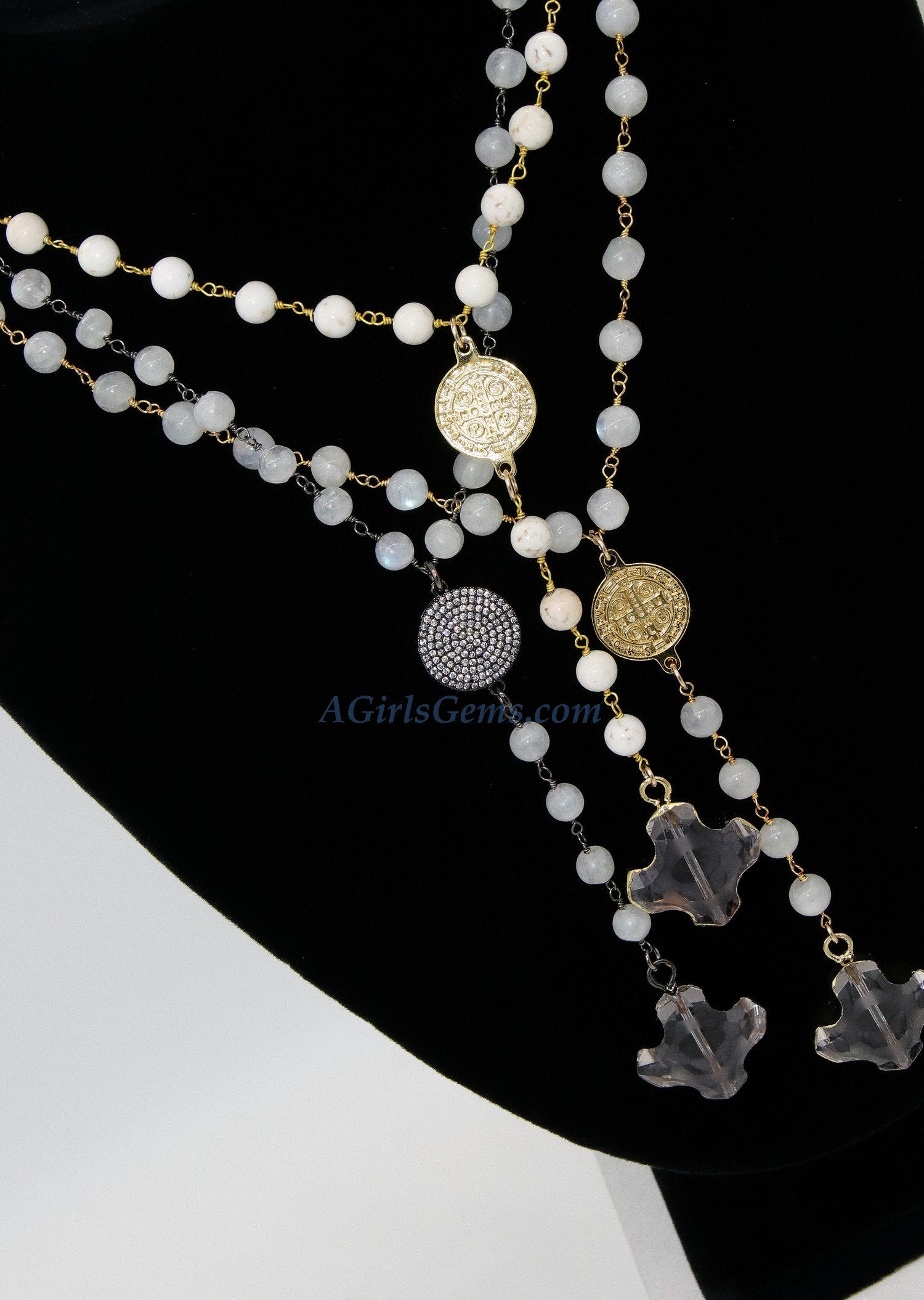 Medallion Necklace, Silver/22 K Gold plated Natural Pyrite Rosary Medal Disc Cross, St Benedict Medal Rosary Choker - A Girls Gems
