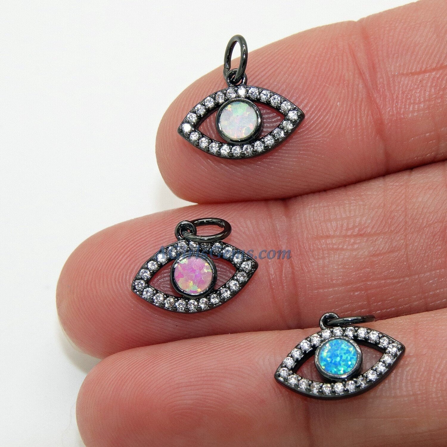 Tiny Opal CZ Micro Pave Opal Tiny Evil Eye Charm, 2 Pcs Black Plated Evil Eye Charm, Turquoise Blue/Pink/White Opalite Jewelry Supplies