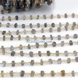 Labradorite Flash Gemstone Beaded Rosary, 6 mm Gold Wrapped Chains CH #339, Boho Beaded Rondelle