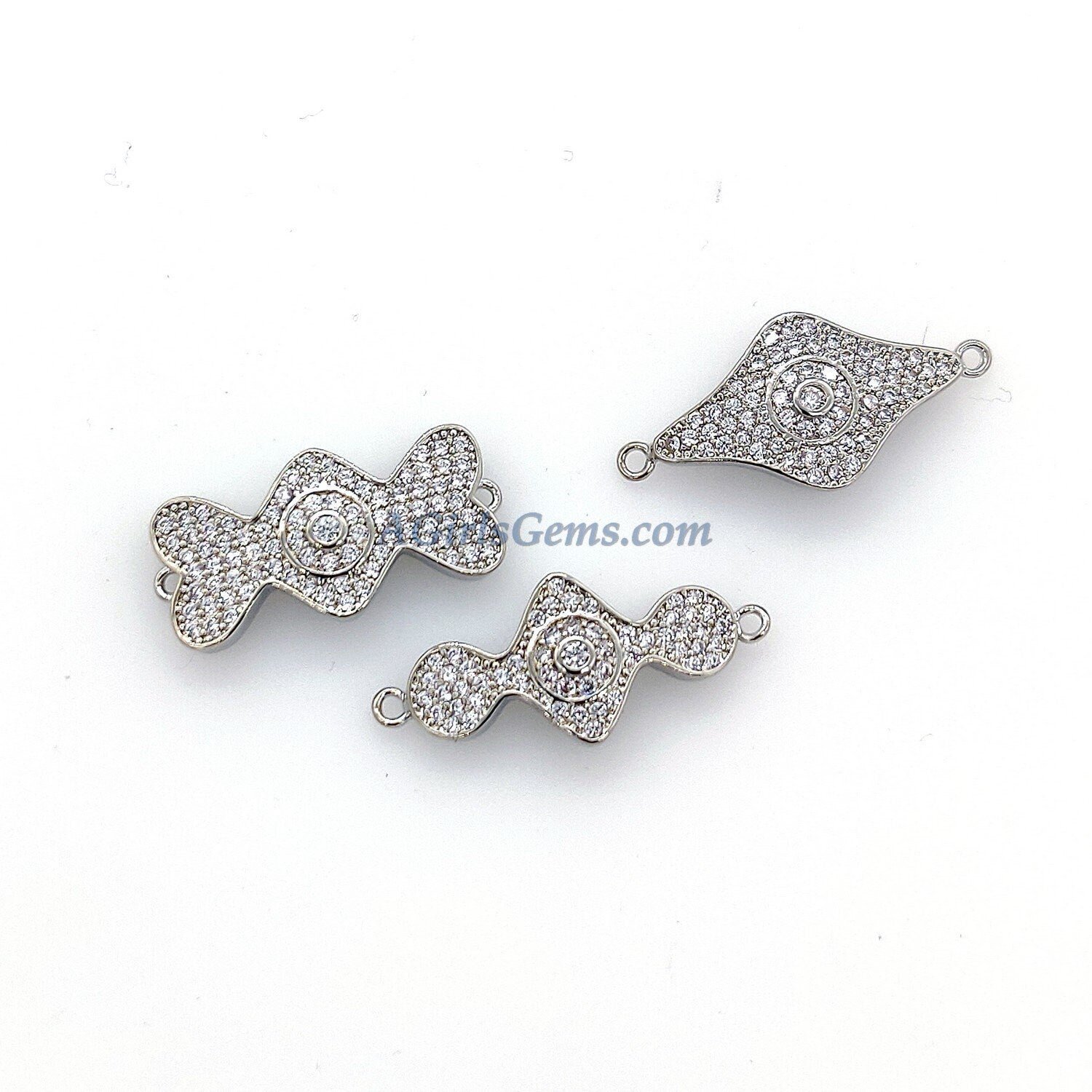 CZ Micro Pave Curved Bracelet Connectors, Silver Rhodium Plated Evil Eye #76, Linking Charms for Dainty/Rosary Chains