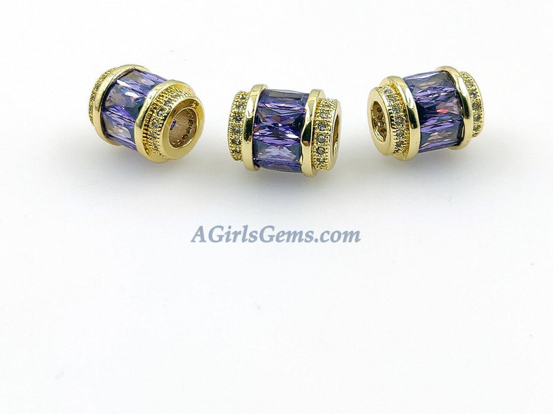Purple Crystal Beads, CZ Micro Pave Gold Tube Beads, Large Hole Beads 10 x 12 mm 18 K Gold Plated, Elegant Fancy Cubic Zirconia Barrel Beads - A Girls Gems