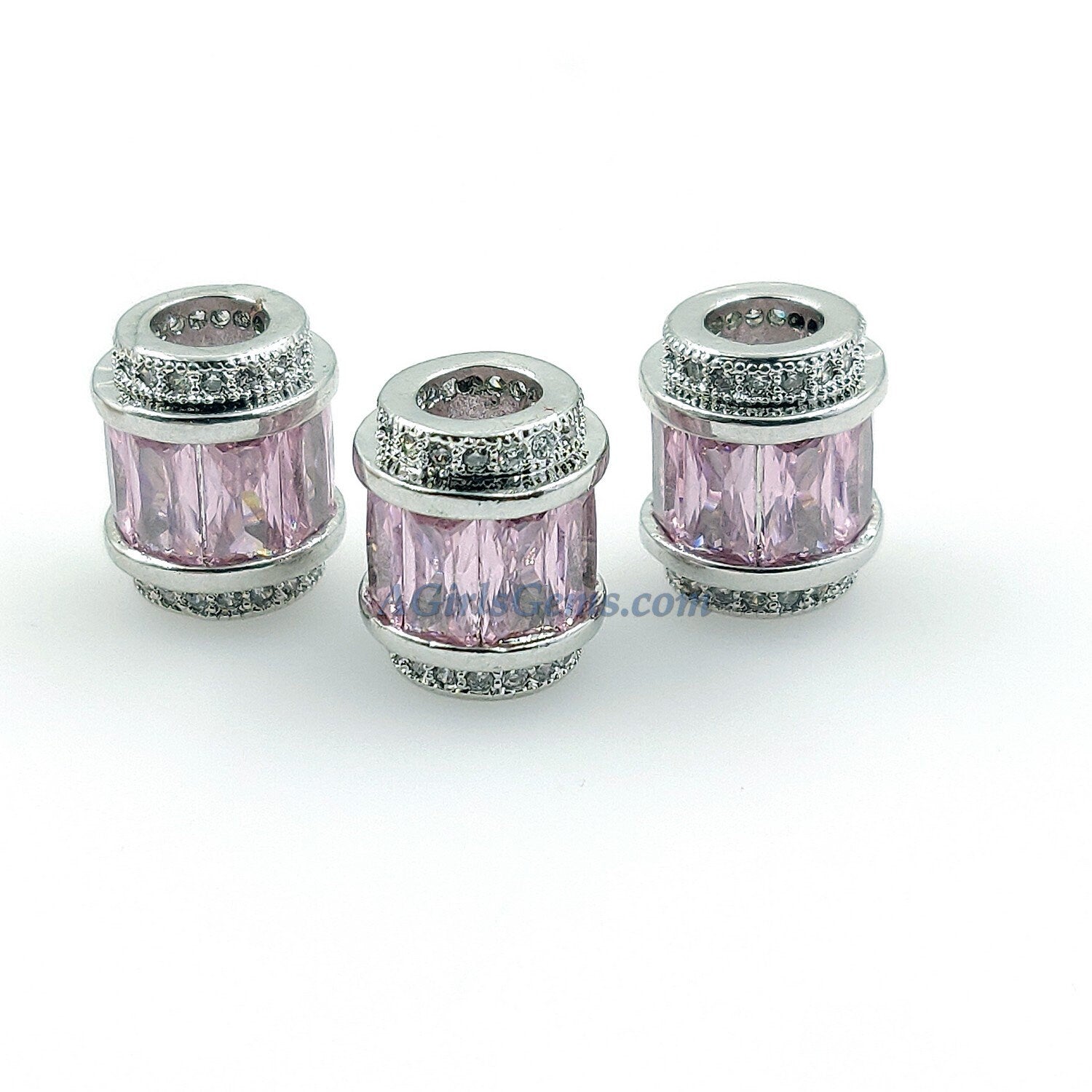 Pink Beads, CZ Micro Pave Silver Tube Beads, Large Hole Beads 10 x 12 mm