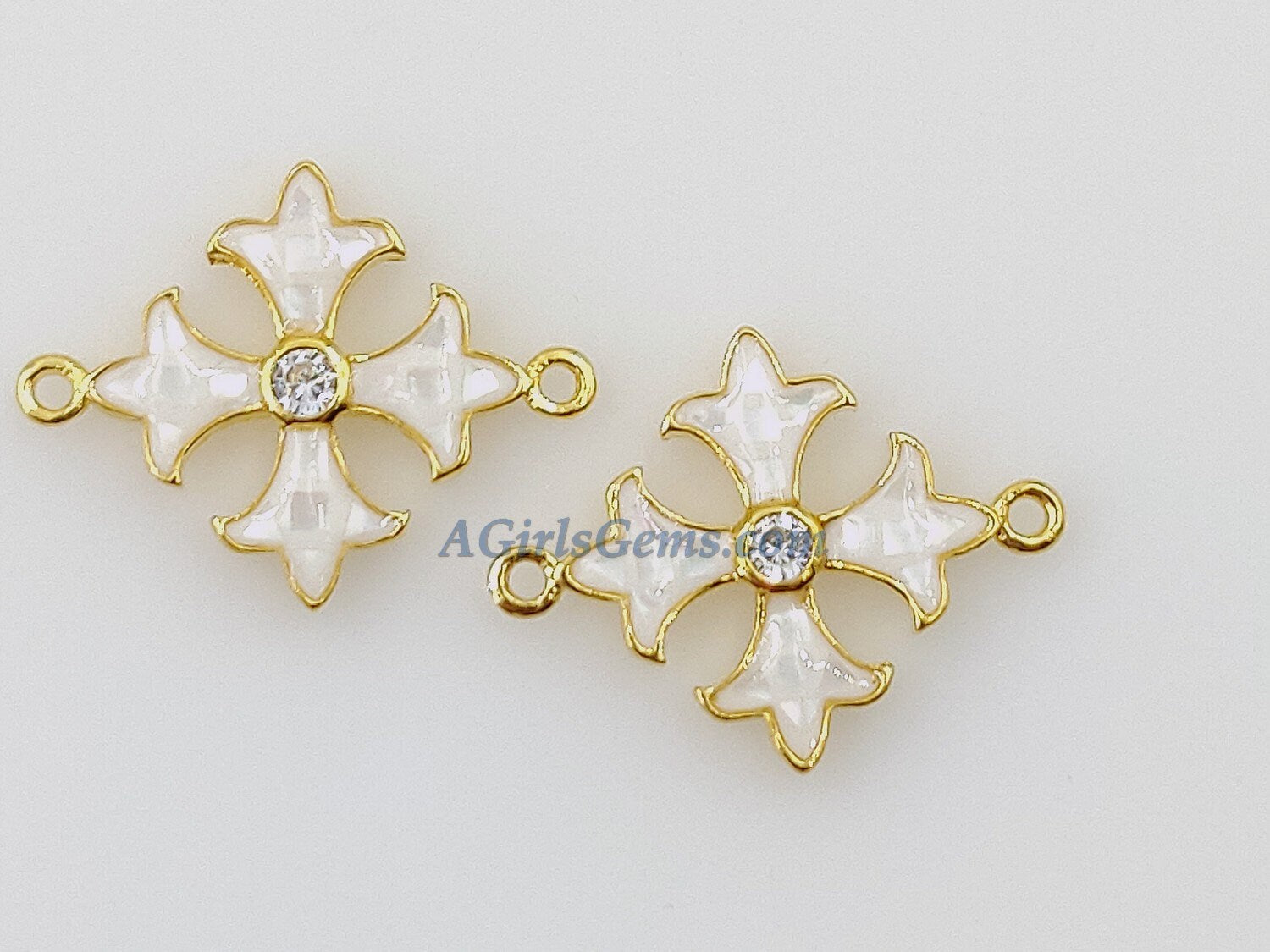 Crusader Cross Connectors, CZ Micro Pave 18 k Gold Plated White Shell New Coptic Cross Beads, Maltese Cross Link