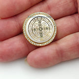 CZ Micro Pave St Benedict Shell Gold Gilding, Mother of Pearl San Benito Medal Pendant, Gilded Rosary Medallion