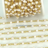 White Turquoise Rosary Chain, 4 mm Cream Beaded Gold Wire Wrapped Chain CH #364, 6 mm Howlite