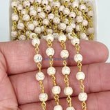 White Turquoise Rosary Chain, 4 mm Cream Beaded Gold Wire Wrapped Chain CH #364, 6 mm Howlite