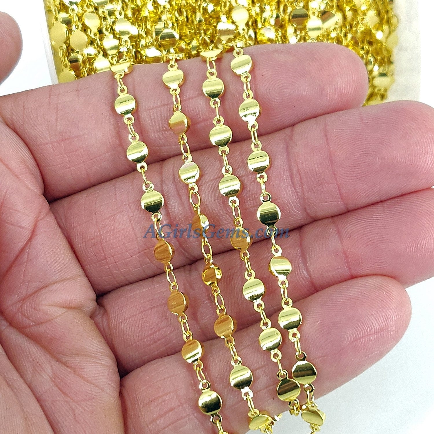 Gold Beaded Rosary Chain, Religious Chain CH #227, 4 mm Flat Oval Metal Chain