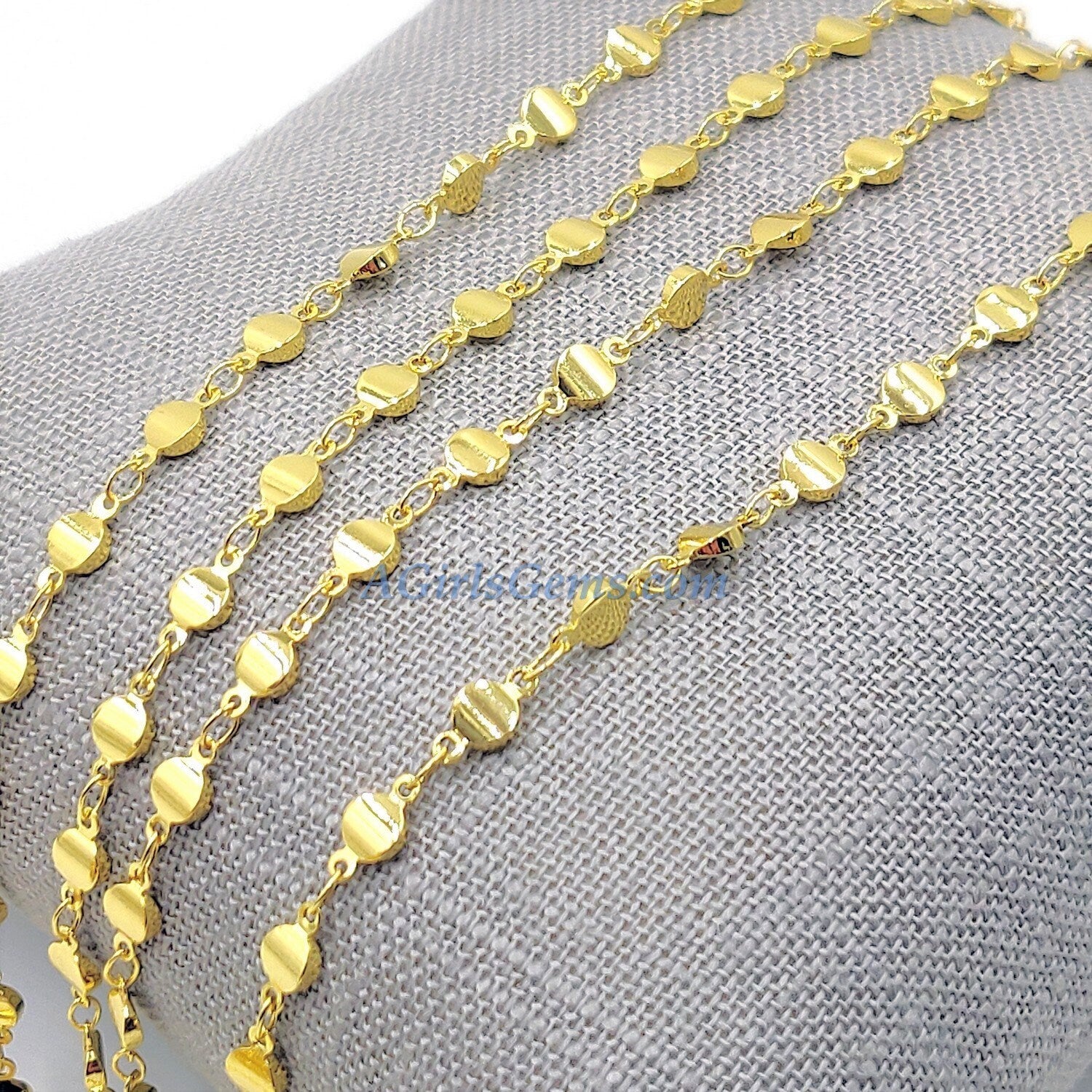 Gold Beaded Rosary Chain, Religious Chain CH #227, 4 mm Flat Oval Metal Chain