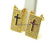 CZ Pave Blue Cross Scapular, Gold Pink Style Rectangle Charms, AG 447, Two Loop Religious Pendants