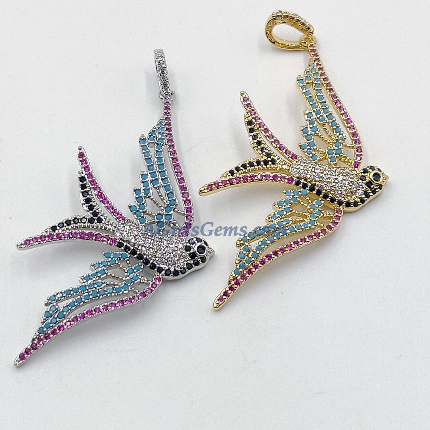 Flying Bird Pendants, Cubic Zirconia Rainbow Colors 18 K Gold/Silver Connector Beads, Blue Turquoise, Pink, Black CZ Pave Dove Mom Necklace