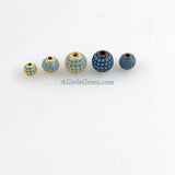CZ Pave Turquoise Pave Round Balls, Blue Stone Gold Beads #465, Blue Cubic Zirconia Crystal Focal Silver Beads