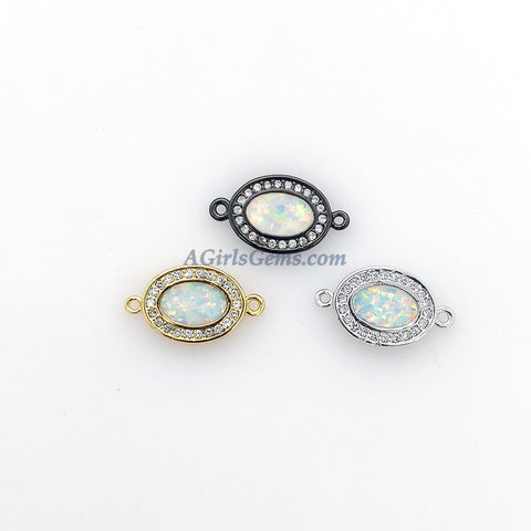 Tiny Opal CZ Micro Pave Opal Druzy Bar Oval Connectors, Gold/Silver/Black Plated Blue Turquoise/White Opal Bracelet Necklace Charms Links
