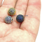 CZ Micro Pave Round Beads, 2 Pcs 6 mm/8 mm/10 Gold or Black Plated, Diamond Sapphire London Blue Color Focal
