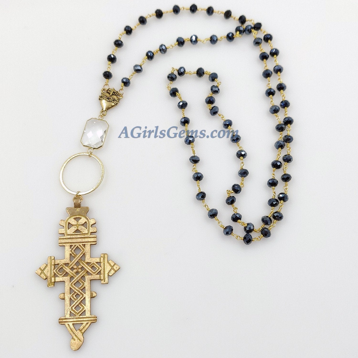 Long Black Rosary Beaded Brass Gold Coptic Cross Necklace - A Girls Gems