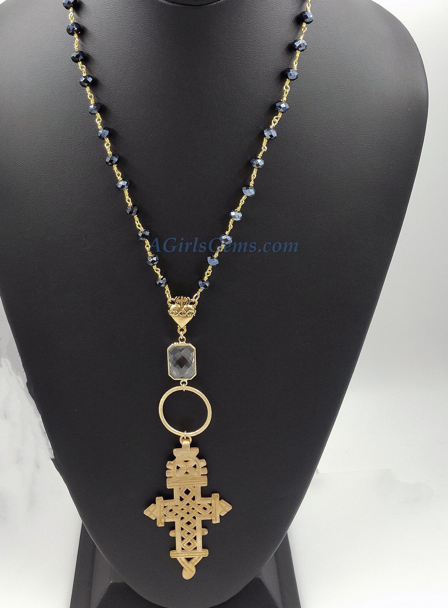 Long Black Rosary Beaded Brass Gold Coptic Cross Necklace - A Girls Gems
