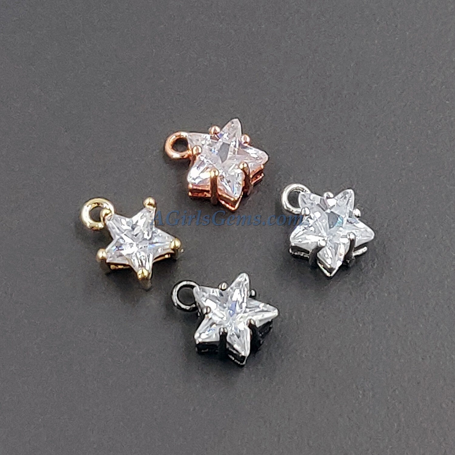 Silver Star Charms, CZ Solitaire Starburst Dangles, 8 x 10 mm Cubic Zircons