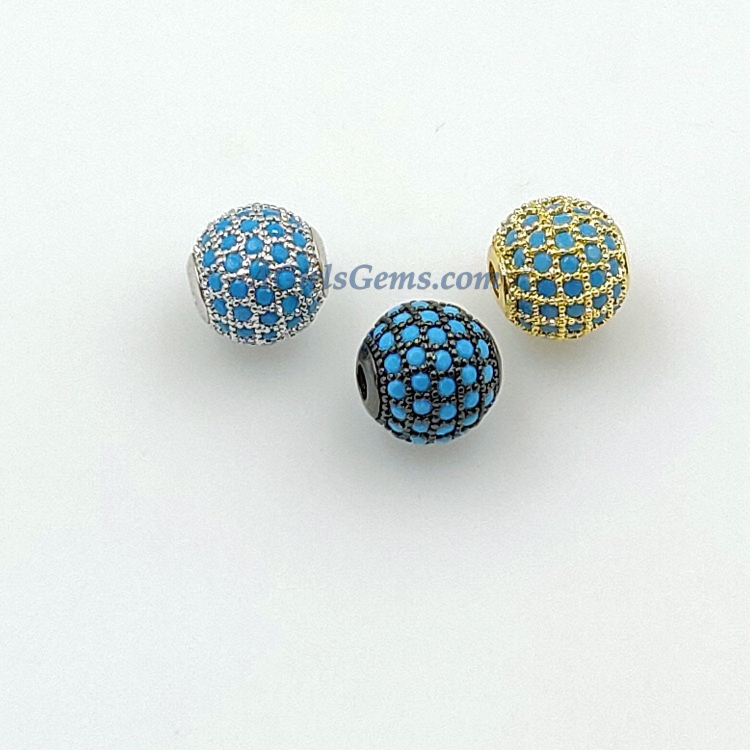 CZ Micro Pave Rainbow Balls, 2 Pcs 6 mm Gold Multi Colored Round Beads, 10 mm Black Silver Focal Bead