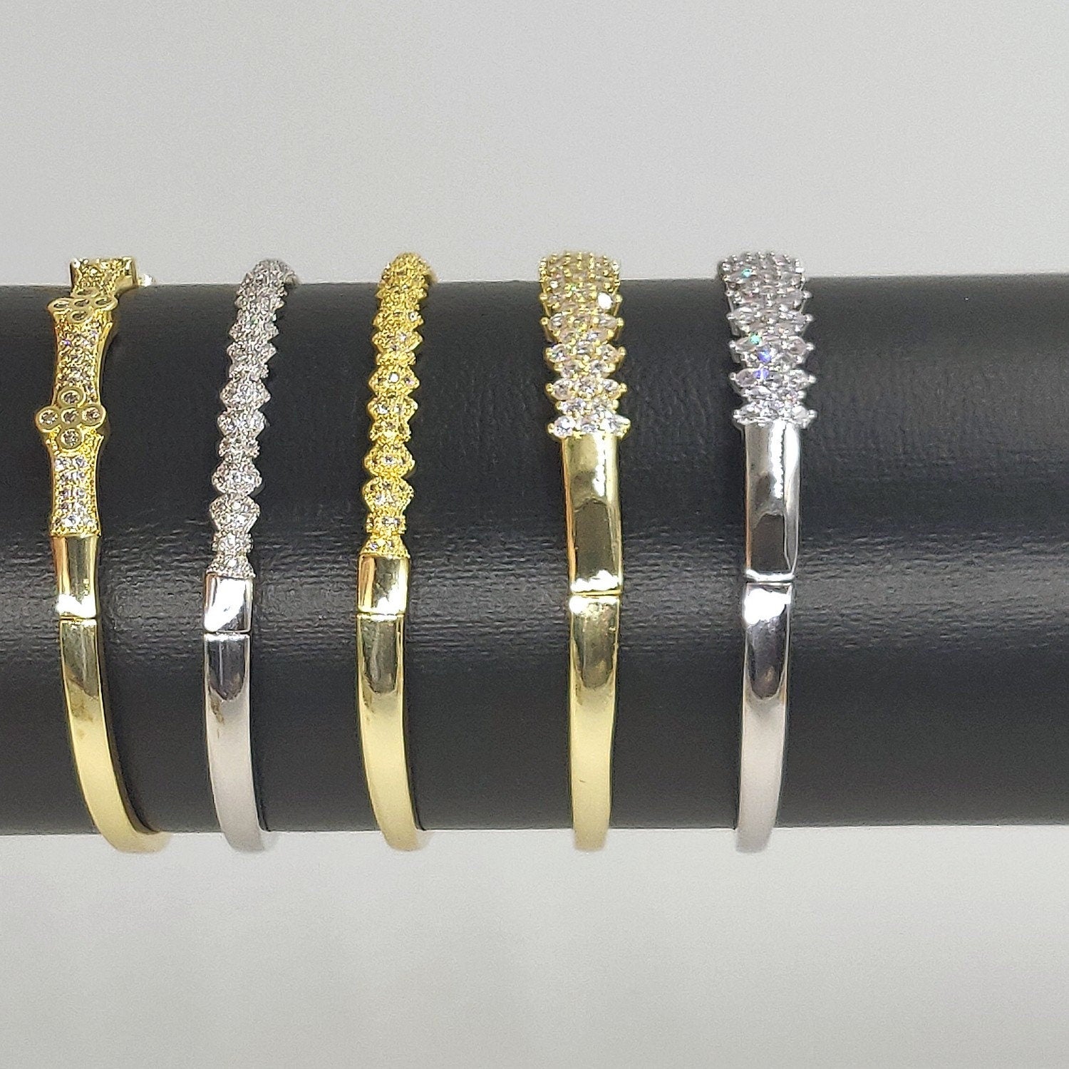 Cubic Zirconia Bracelets for Women, CZ Micro Pave 14 K Gold or White Gold Rhodium Stacking Cuff Bangles, Open/Closes