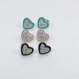 925 Sterling Silver CZ Enamel Heart Charms, CZ Pave Necklace Pendants #3137, Black, Aqua and Soft Pink