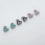 925 Sterling Silver CZ Enamel Heart Charms, CZ Pave Necklace Pendants #3137, Black, Aqua and Soft Pink