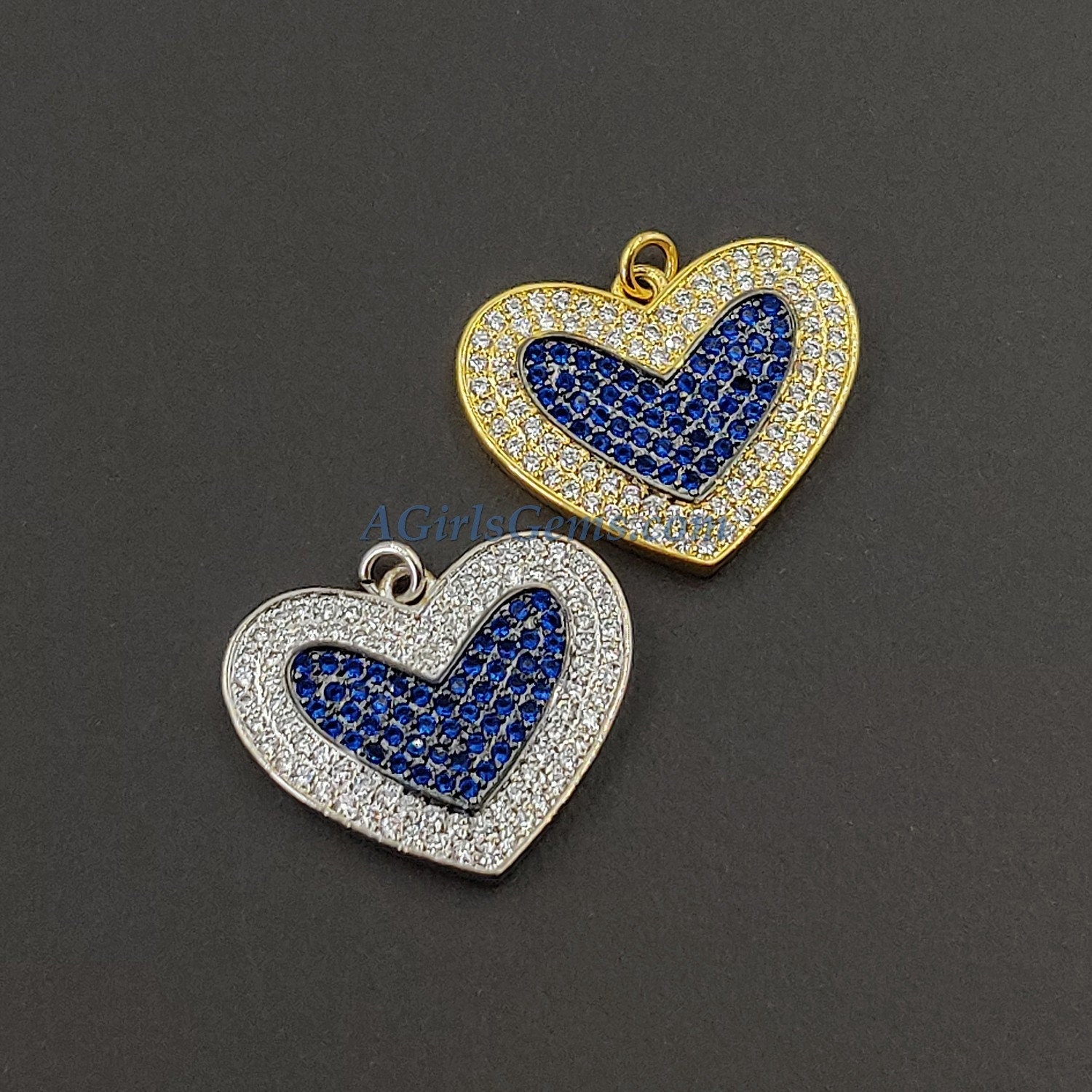 CZ Micro Pave Blue Heart Charms, Gold Emerald Green Hearts Pendants #442