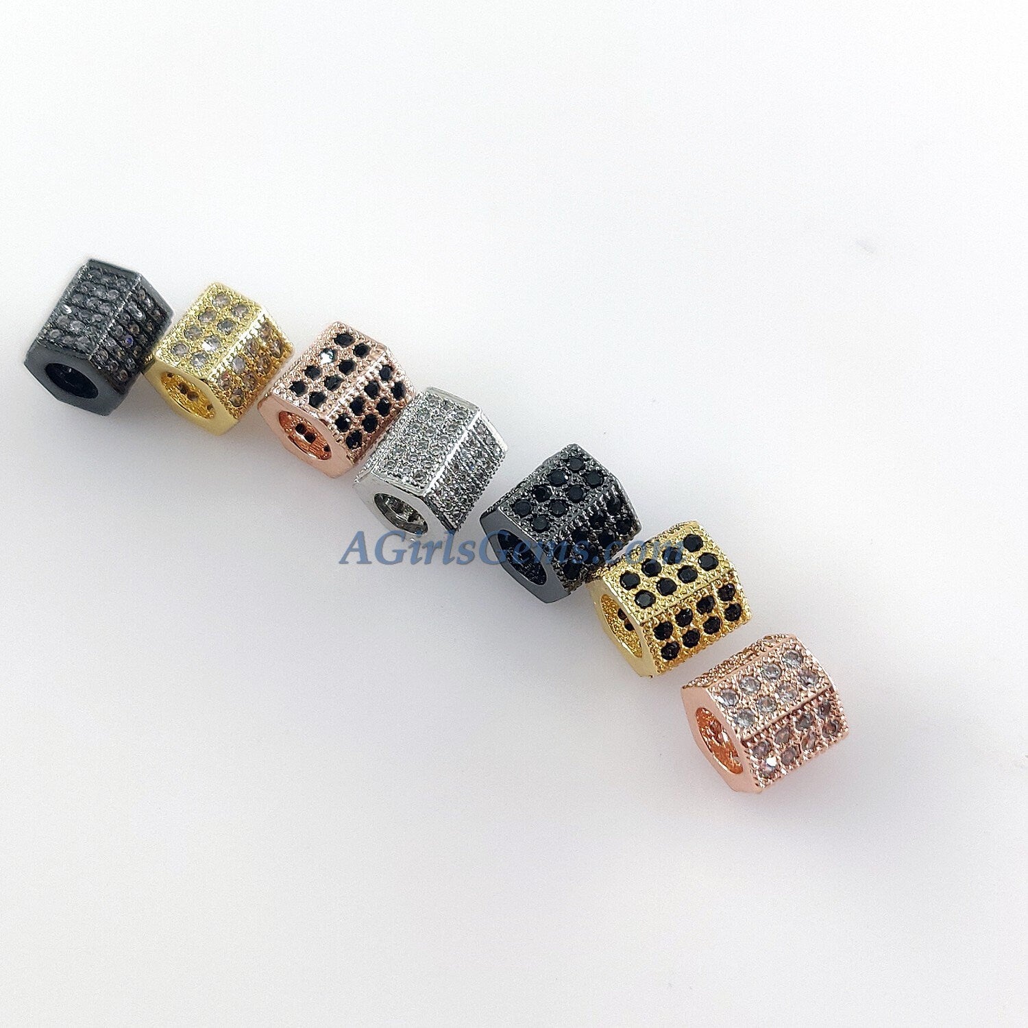 CZ Micro Pave Hexagon Tube Beads, 9 x 9 mm CZ Micro Pave 18 K Rose Gold/Gold and Black Pave CZ, Large Hole Beads