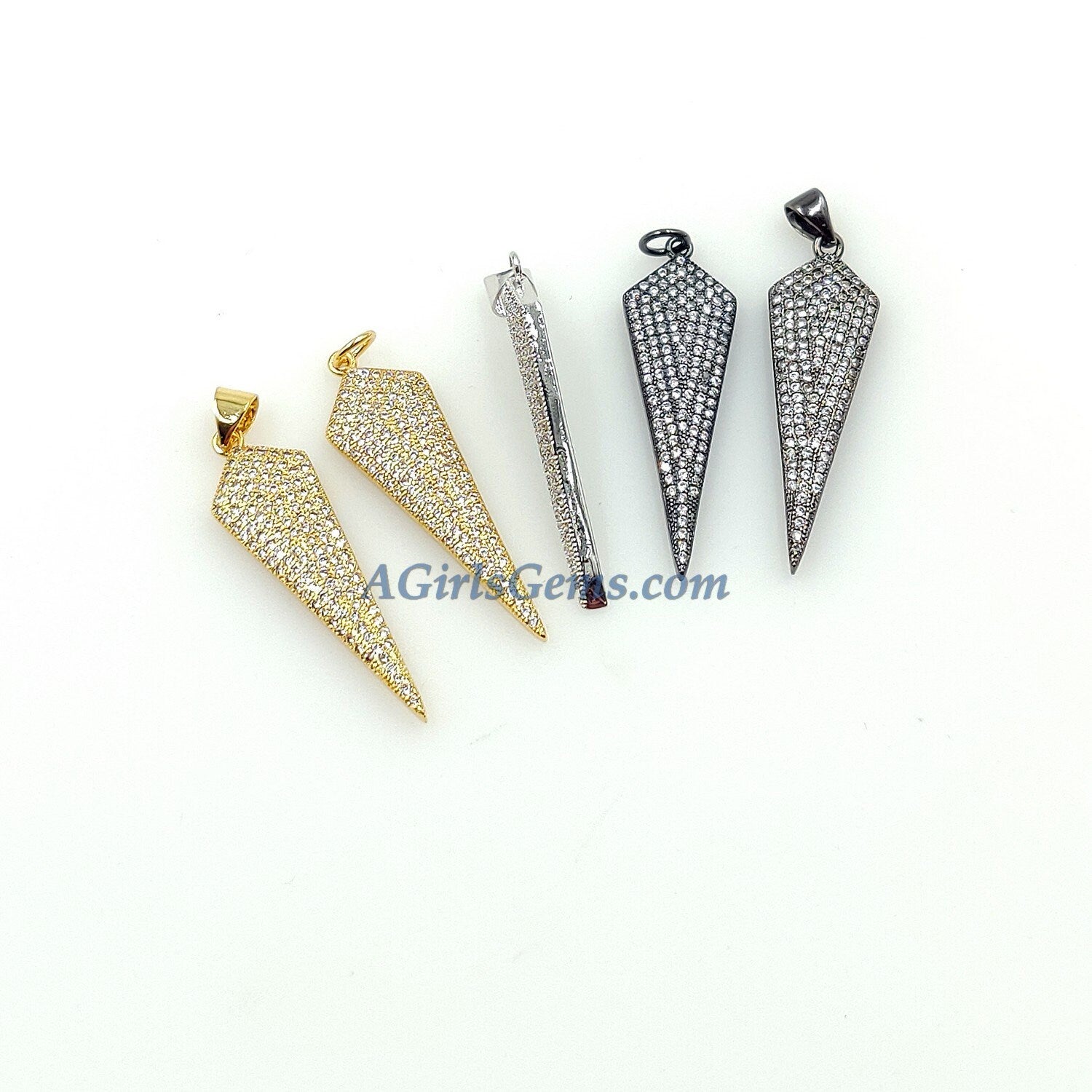 CZ Pave Gold Arrowhead Charm Pendants, Black Arrow Spike Point Charms #414, Rose 11 x 35 mm Silver Triangle