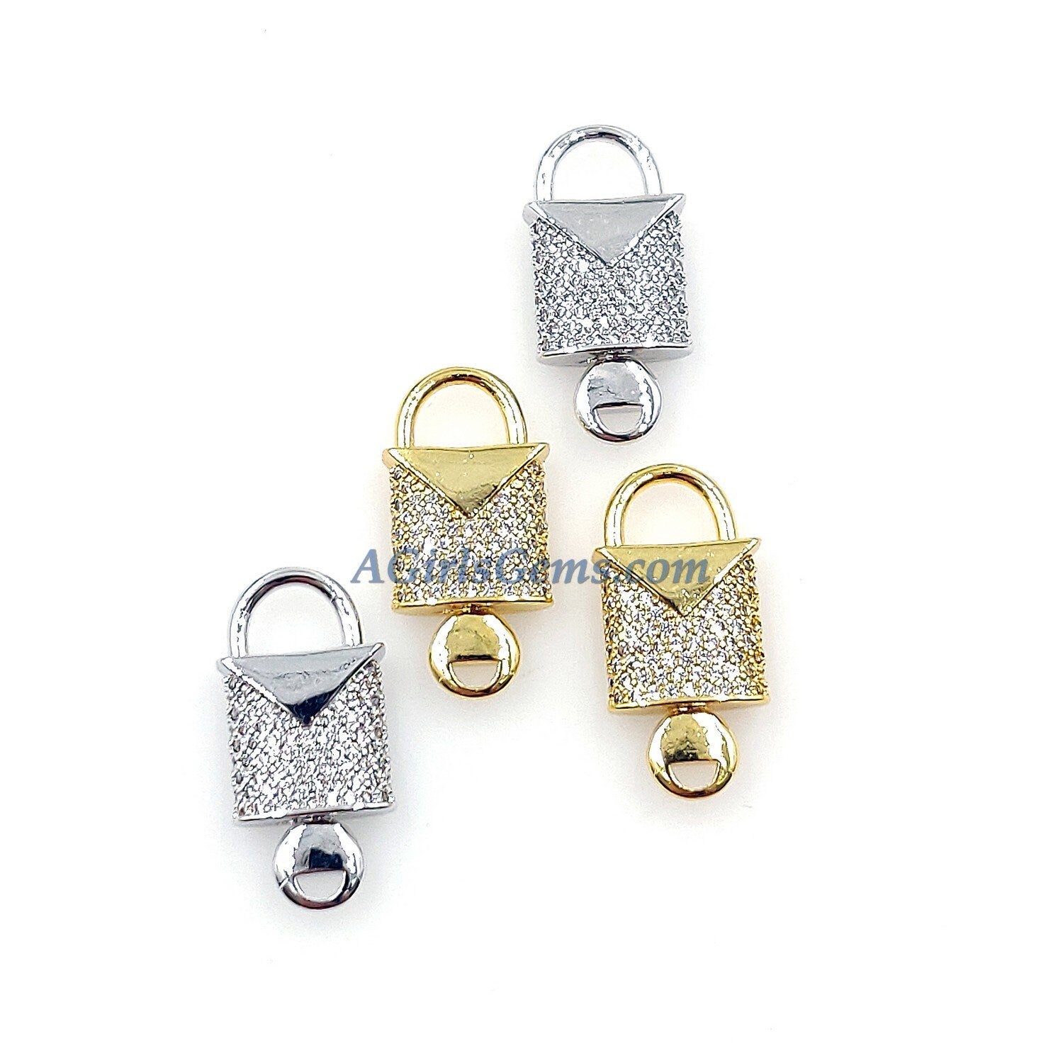 CZ Micro Pave Lock and Key Connectors, 18 k Gold Plated 11 x 24 mm, Silver Lock Key Charms