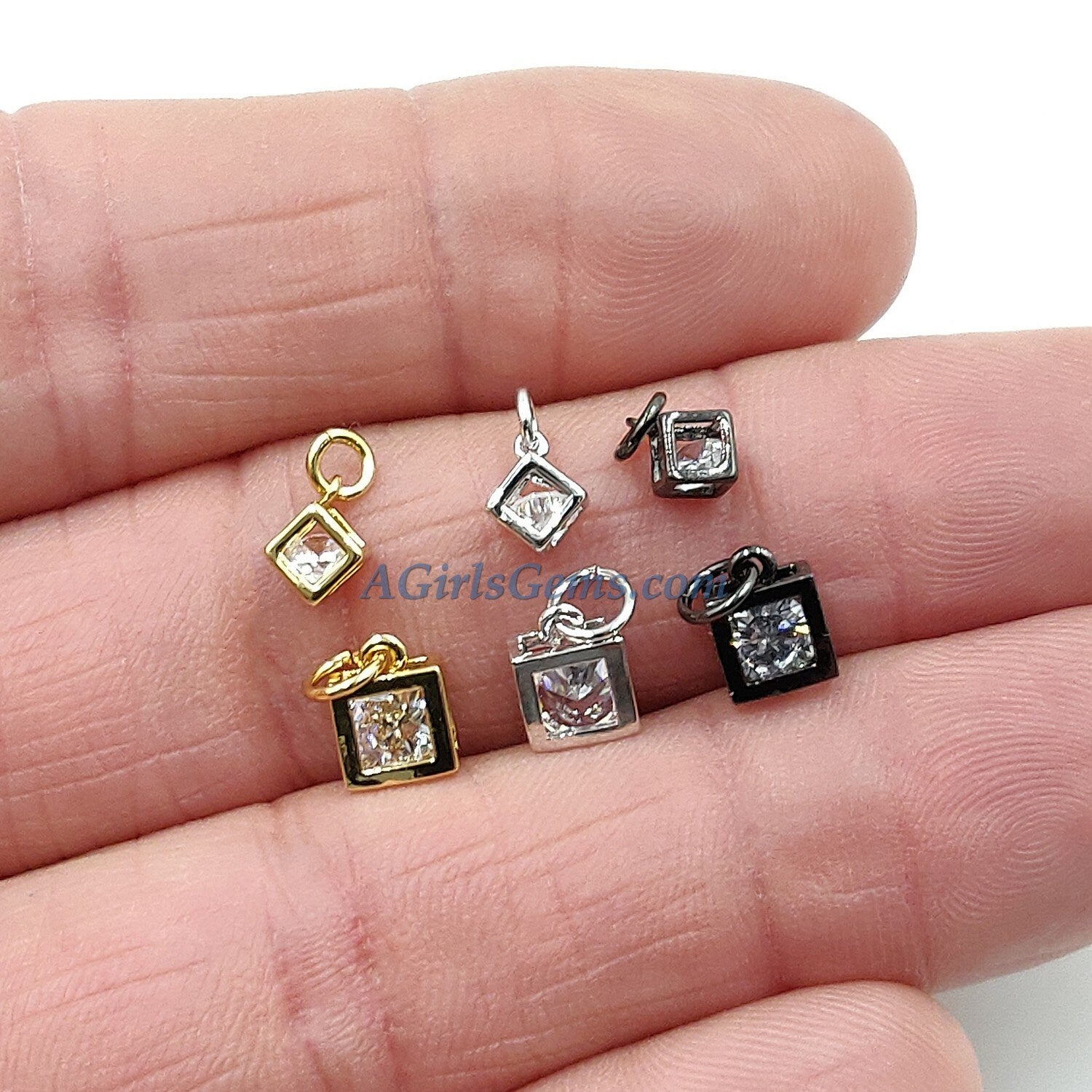 CZ Square Cube Charms, 3 Pcs Genuine 5 x 5 mm/6 x 8 mm Floating Cubic Zircon Minimalist Dangles, Gold/Silver/Black Tiny Necklace/Bracelet