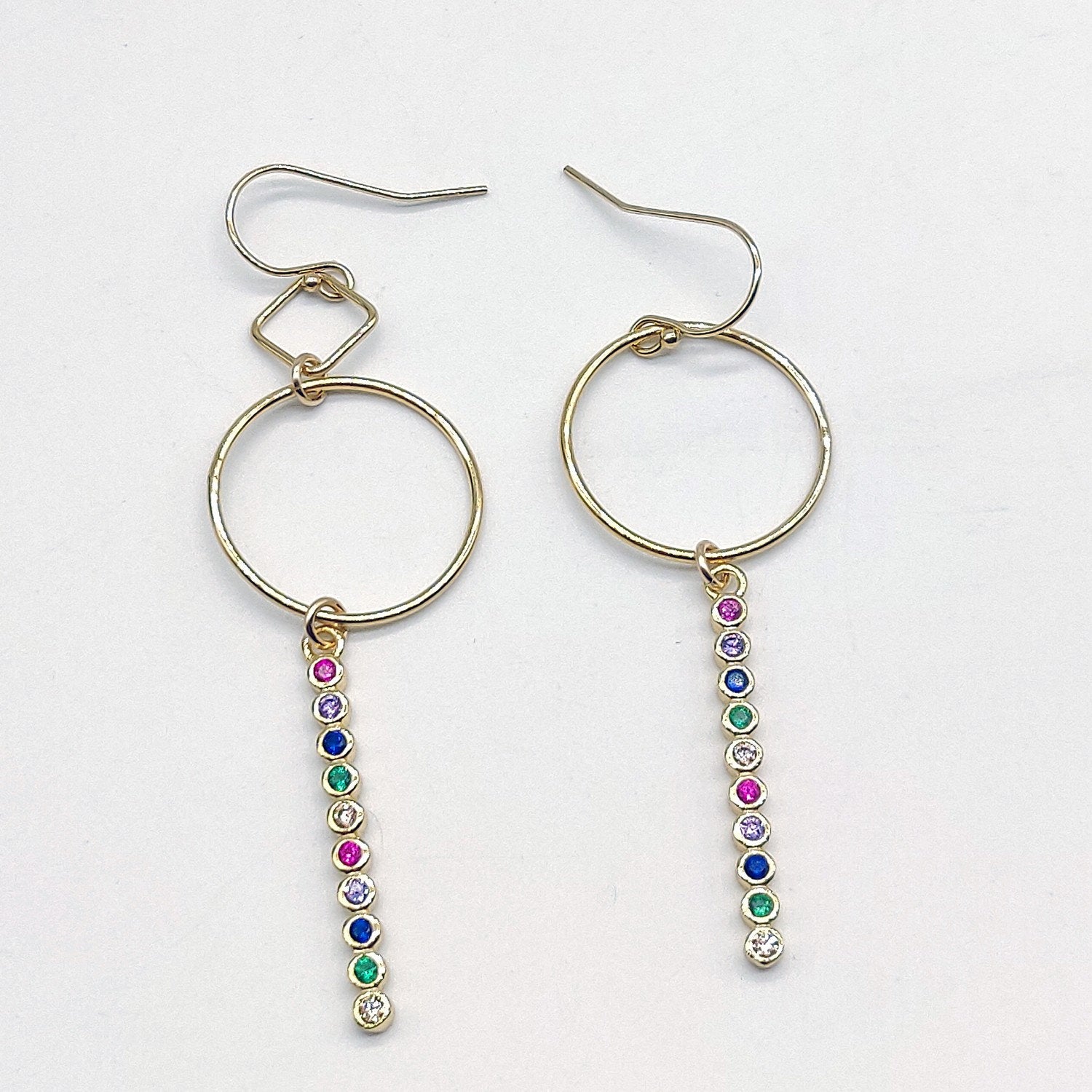 14 k Gold Hoop Dangle Earrings in Gold Rainbow Cubic Zirconia, 2 Links or 1  in 14 K Gold Filled - A Girls Gems