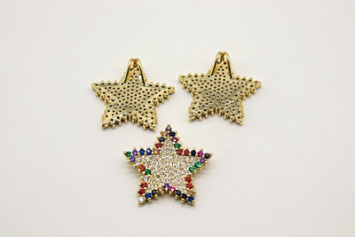CZ Micro Pave Rainbow Star Charms, Gold CZ Starburst Pendants, 25 mm Stars, Crystal Color Necklace for CZ Pride Lgbt Jewelry